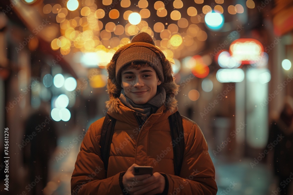 a city night scene where a happy young man is standing under the warm glow of streetlights. a city night scene where a happy young man is standing under the warm glow of streetlights.