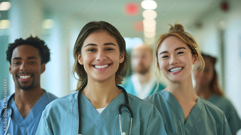 Happy medical team, a group of student nurses and doctors, walk together with smiles on their faces in a teaching hospital. Diverse healthcare students starting their clinical training in scrubs. Happy medical team, a group of student nurses and doctors, walk together with smiles on their faces in a teaching hospital. Diverse healthcare students starting their clinical training in scrubs.