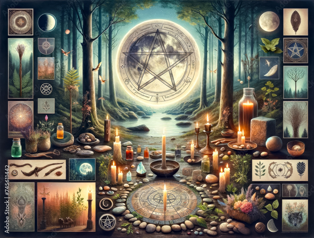 Intricate Neo-Pagan and Wiccan Tradition Collage with Symbols and Ritual Tools