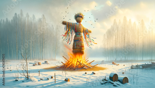 Traditional Slavic Ritual of Burning Marzanna Effigy to Celebrate Spring Equinox photo