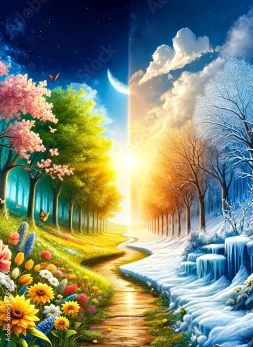 Artistic Representation of Spring Equinox Transition from Winter to Spring