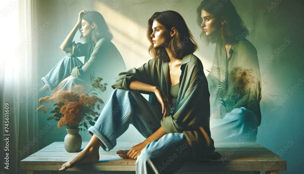 Fototapeta Contemplative Young Woman with Multiple Reflections. Mental health, disorder and mental problems