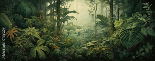 Misty Panoramic View of a Lush Tropical Rainforest