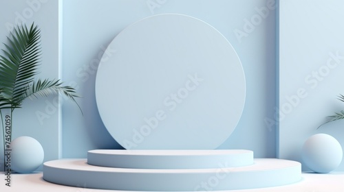 Round Podium, Stage, Mock up in pastel blue and white tones with Geometric shapes and Spheres for Product Presentation, Cosmetics, Minimalistic Interior, Horizontal Banner with Copy Space.