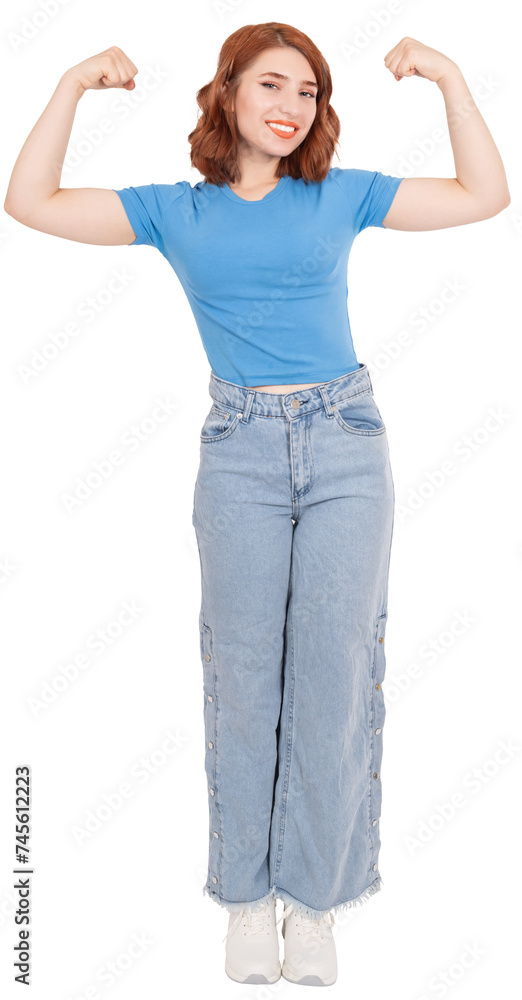 Fit and healthy young woman, full body view caucasian red bob hair fit and healthy young woman. Raises hands and shows muscles, winner pose, clenched fists. Isolated transparent png background image. Fit and healthy young woman, full body view caucasian red bob hair fit and healthy young woman. Raises hands and shows muscles, winner pose, clenched fists. Isolated transparent png background image.