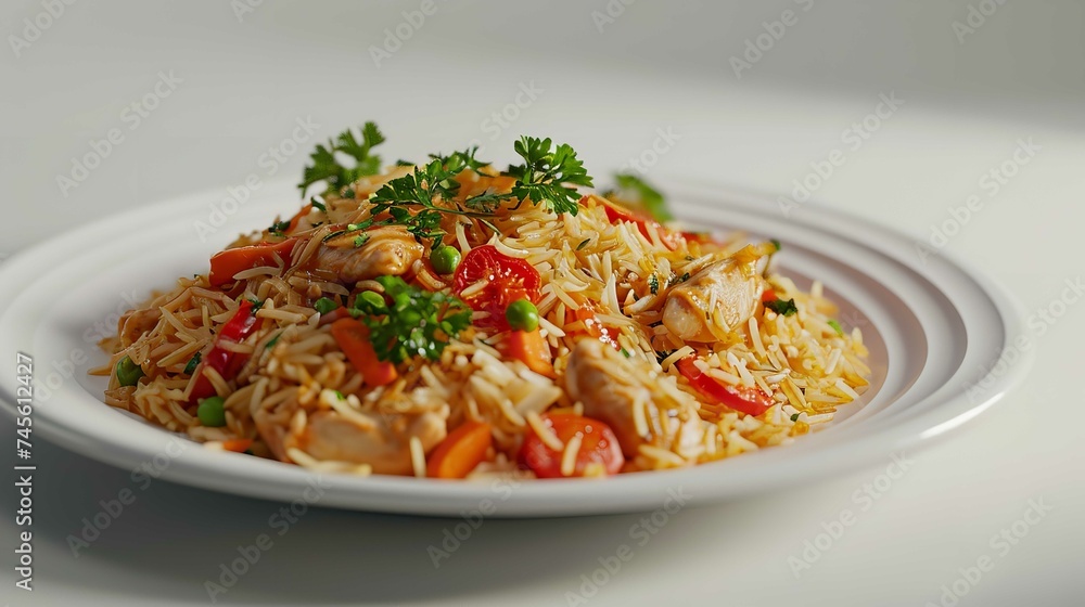 A Plate of Chicken Rice on White Background 8K