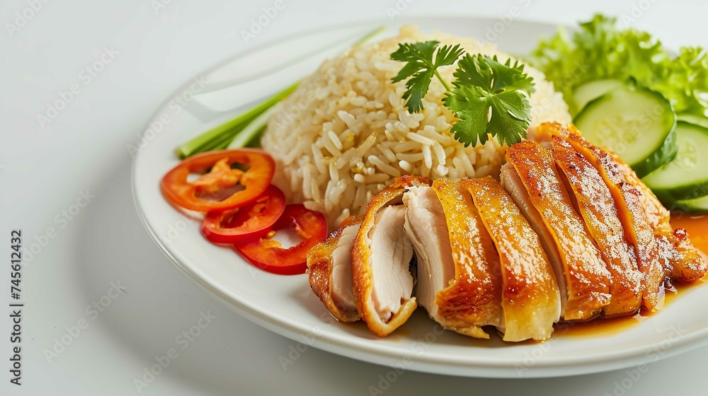 A Plate of Chicken Rice on White Background 8K