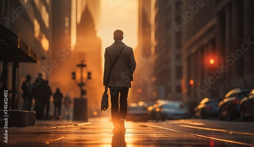 Businessman Walking on City Street at Sunset