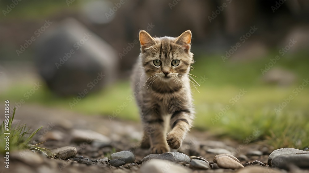 Small cat walks around the yard