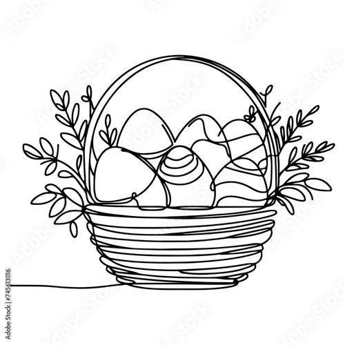 One continuous hand drawing black line basket easter eggs doodle decorated with Many different design for easter egg outline style vector