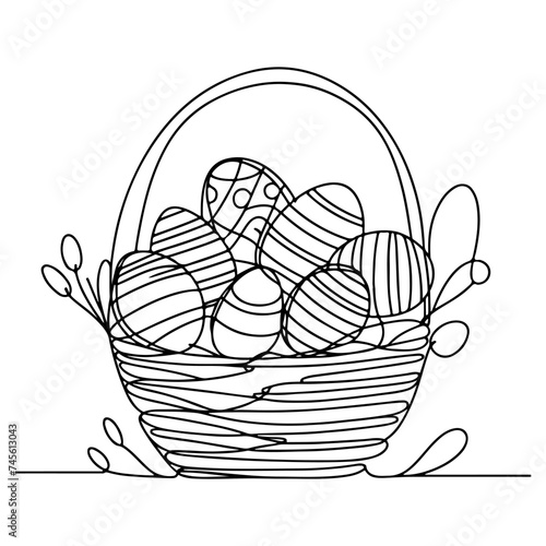 One continuous hand drawing black line basket easter eggs doodle decorated with Many different design for easter egg outline style vector