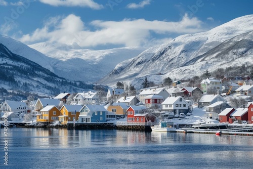 Norwegian town of Troms in the winter. Snowy arctic city with colorful houses and port
