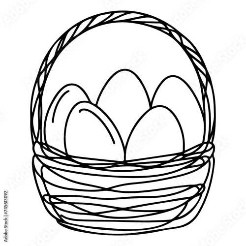 One continuous hand drawing black line basket easter eggs doodle decorated with Many different design for easter egg outline style vector
