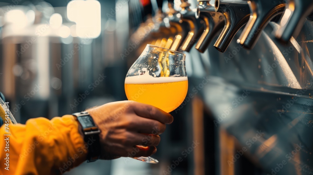 Close-up of a hand pouring craft beer from tap in a microbrewery. - obrazy, fototapety, plakaty 