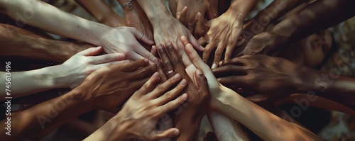 Array of hands from multiple races showing strength in diversity. Coexistence and mutual support concept