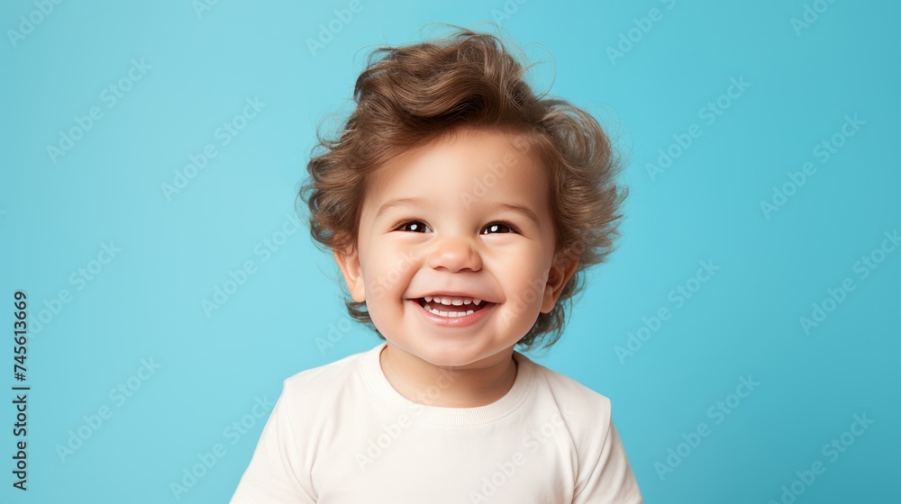 A cute little boy, smiling, stands on a blue background. A happy child, the concept of joy, surprise. A cute little boy, smiling, stands on a blue background. A happy child, the concept of joy, surprise.
