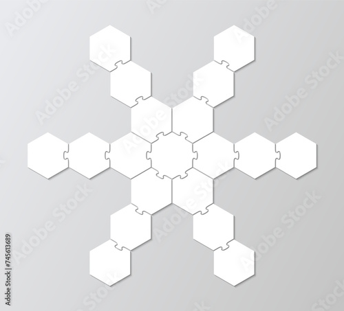 Hexagon puzzle infographics with 19 pieces. Business presentation info graphic. Puzzle hexagonal grid. Jigsaw business chain infographic. Process diagram with steps, parts. Vector illustration