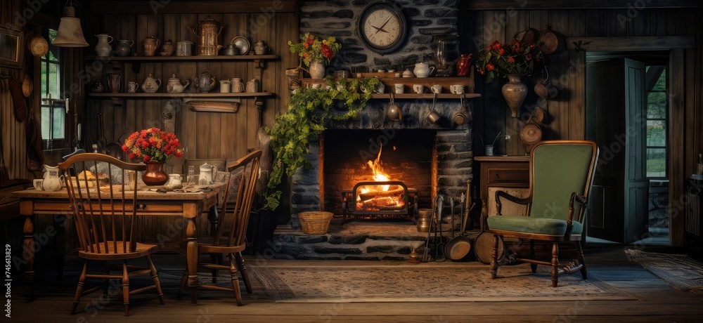 Rustic Cabin Interior with Warm Fireplace Ambiance Rustic Cabin Interior with Warm Fireplace Ambiance