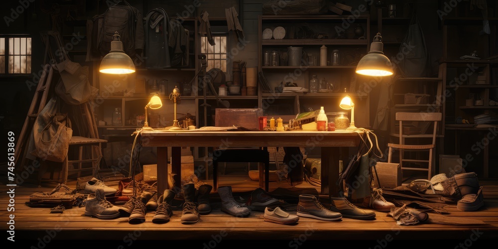 Traditional Shoemaker's Workshop with Vintage Charm - obrazy, fototapety, plakaty 