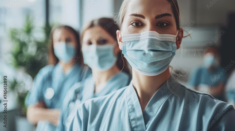 Group of healthcare professionals in scrubs and protective masks are standing confidently - obrazy, fototapety, plakaty 