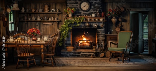 Rustic Cabin Interior with Warm Fireplace Ambiance © evening_tao