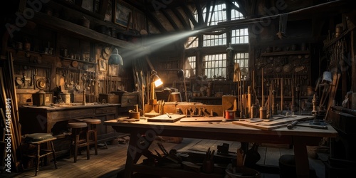 Vintage Woodworking Workshop with Sunlight Beam