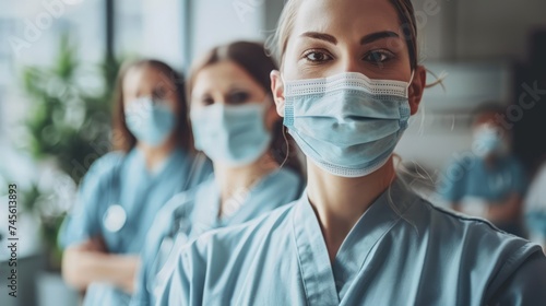 Group of healthcare professionals in scrubs and protective masks are standing confidently