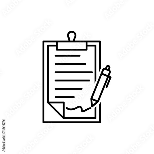Pen signing a contract icon with signature, paper symbol isolated on white background for graphic and web design.