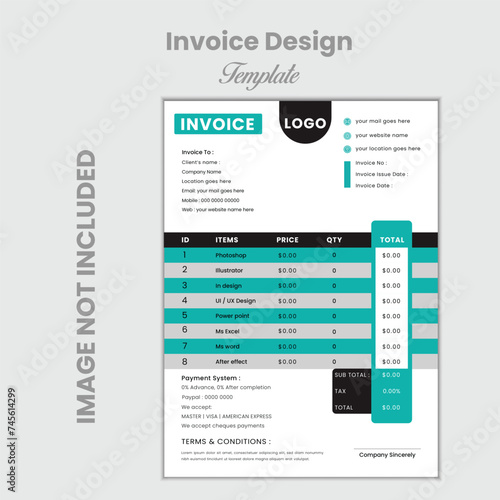 Creative, modern, unique, clean, and professional corporate company business  invoice template design with color and concept variation Design.