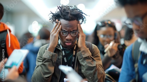 Young man looking stressed or overwhelmed, holding his head with his hands
