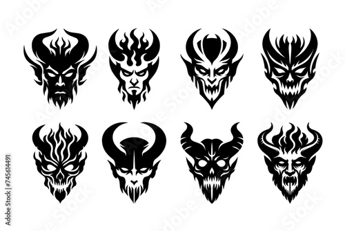 Devil and demon head tattoo set, vector illustration isolated on white background