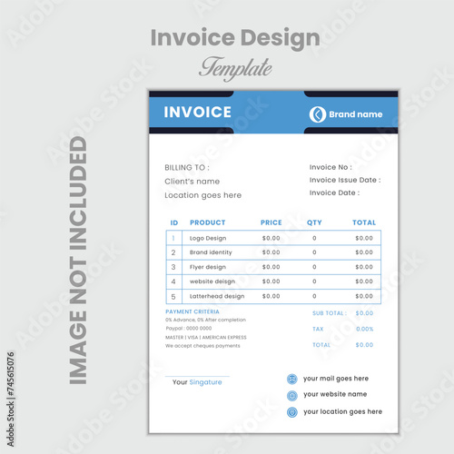 Creative, modern, unique, clean, and professional corporate company business  invoice template design with color and concept variation Design.