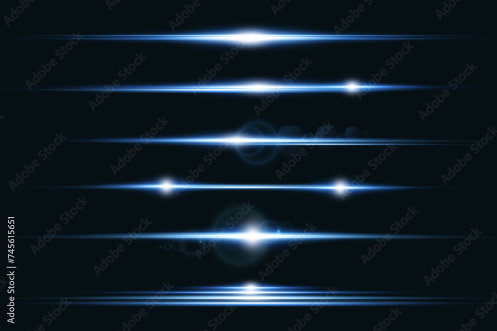 Set of realistic vector blue stars png. Set of vector suns png. Blue flares with highlights. Horizontal light lines, laser, flash.	