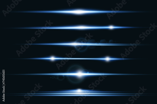 Set of realistic vector blue stars png. Set of vector suns png. Blue flares with highlights. Horizontal light lines, laser, flash.	