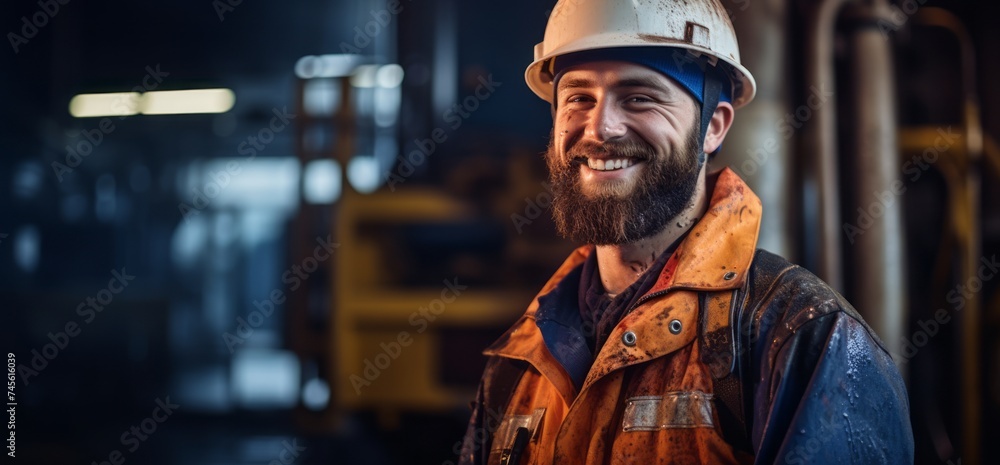 Portrait of satisfied construction site manager wearing safety vest and blue helmet with copy space