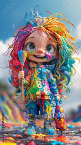 A doll with colorful hair holding a paintbrush
