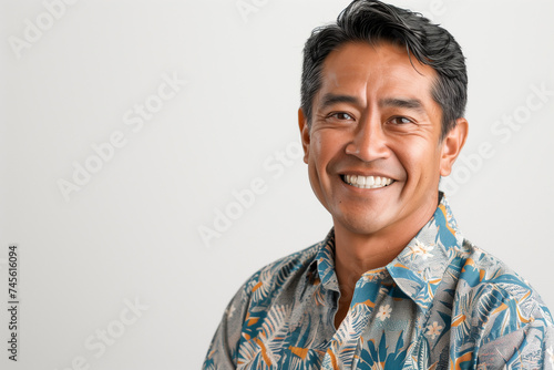 A middle-aged man is smiling and looking directly at the camera while wearing a colorful Hawaiian shirt. photo