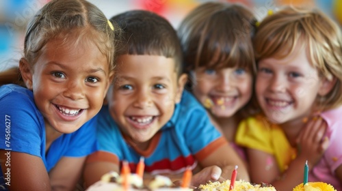 A group of children sitting in front of a cake