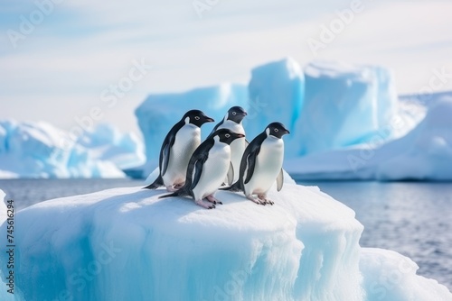 Gentoo penguin band is on the ice against the backdrop of icebergs