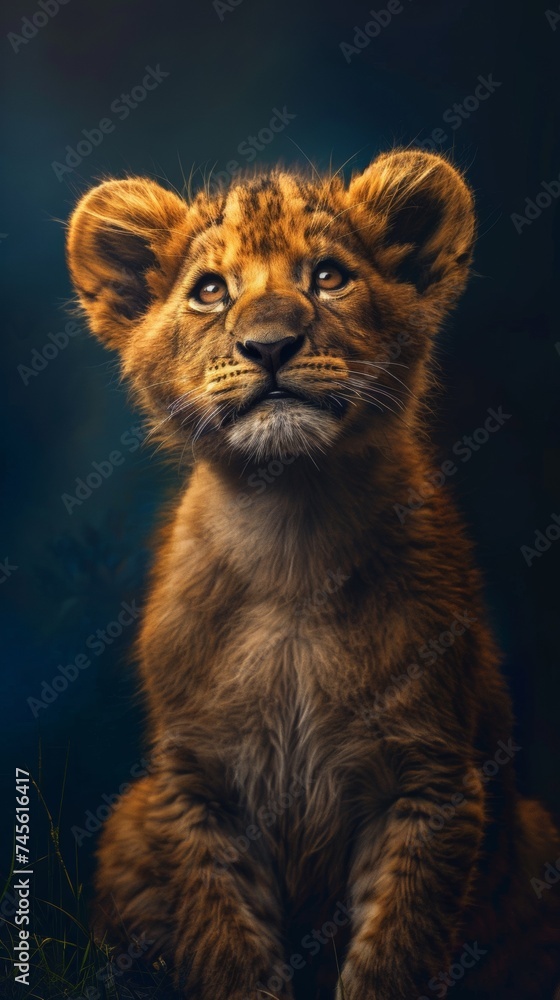 Obraz premium A lion cub sitting in the grass looking up