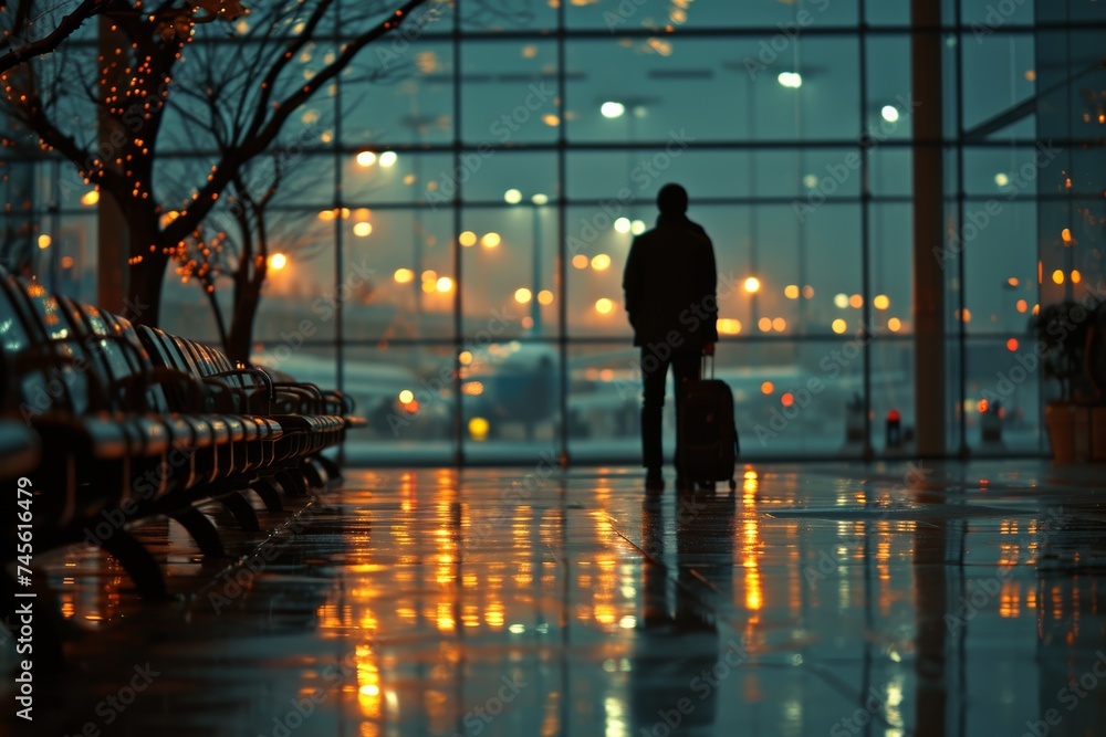 terminal, flight, travel, trip, departure, journey, plane, boarding, vacation, background. a man standing at the airport terminal looking through a terminal windows as he want to boarding on flight. - obrazy, fototapety, plakaty 