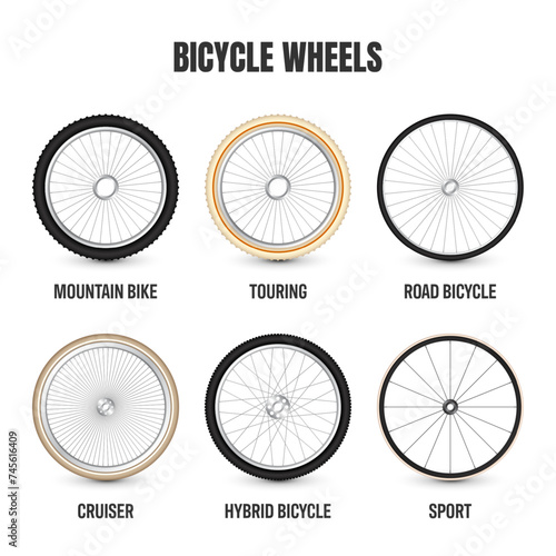 Realistic 3d retro bicycle wheels. Vintage bike rubber tyres, shiny metal spokes and rims. Fitness cycle, touring, sport, road and mountain bike. Vector illustration