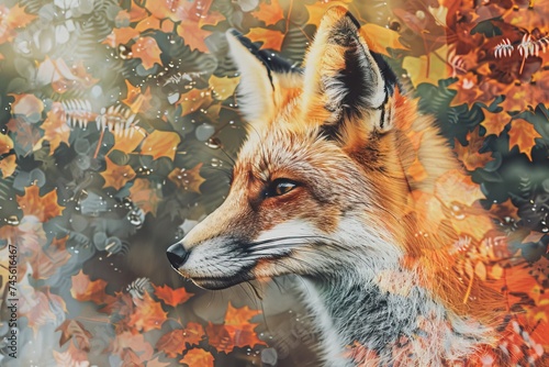 A close-up of a fox overlaid with the texture of autumn leaves in a double exposure 