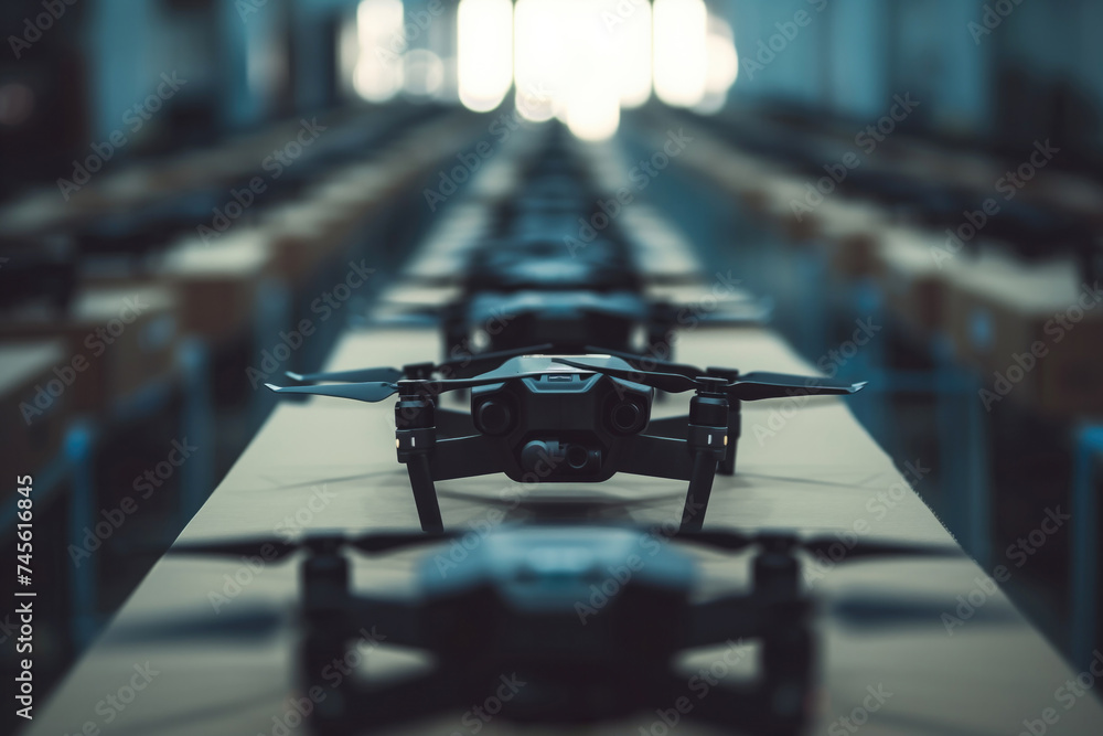 FPV drones on a production line, prepared for applications ranging from military surveillance, tactical reconnaissance missions, to advanced training programs for armed forces personnel. High quality - obrazy, fototapety, plakaty 