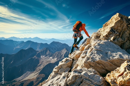 The concept of hiking in the mountains, a man with mountain gear is walking on the top of a ridge. Travels