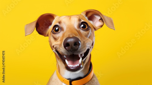 Portrait of a happy, cheerful dog on a yellow background. A pet. © Cherkasova Alie