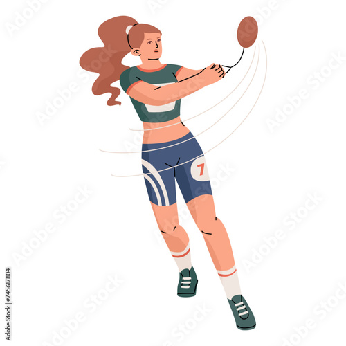 Sports hammer throwing. A girl athlete participates in world competitions at the stadium. Summer sports. Vector illustration isolated on transparent background.