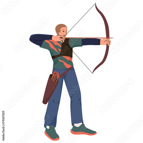 An athlete participates in archery competitions. The archer pulls the bowstring with an arrow. Summer sports. Vector illustration in flat cartoon style isolated on transparent background.