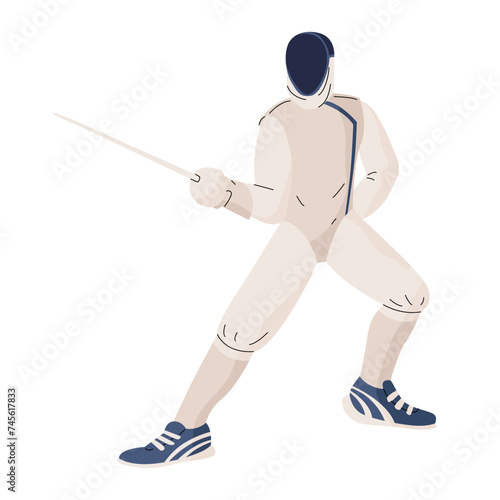 Sports fencer in full uniform with a rapier in a defensive pose. Summer sports and competitions. Vector illustration isolated on transparent background.