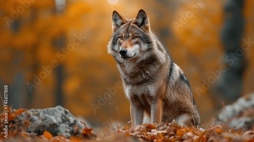 wolf in forest landscape view of wildlife in autumn  wild animal
